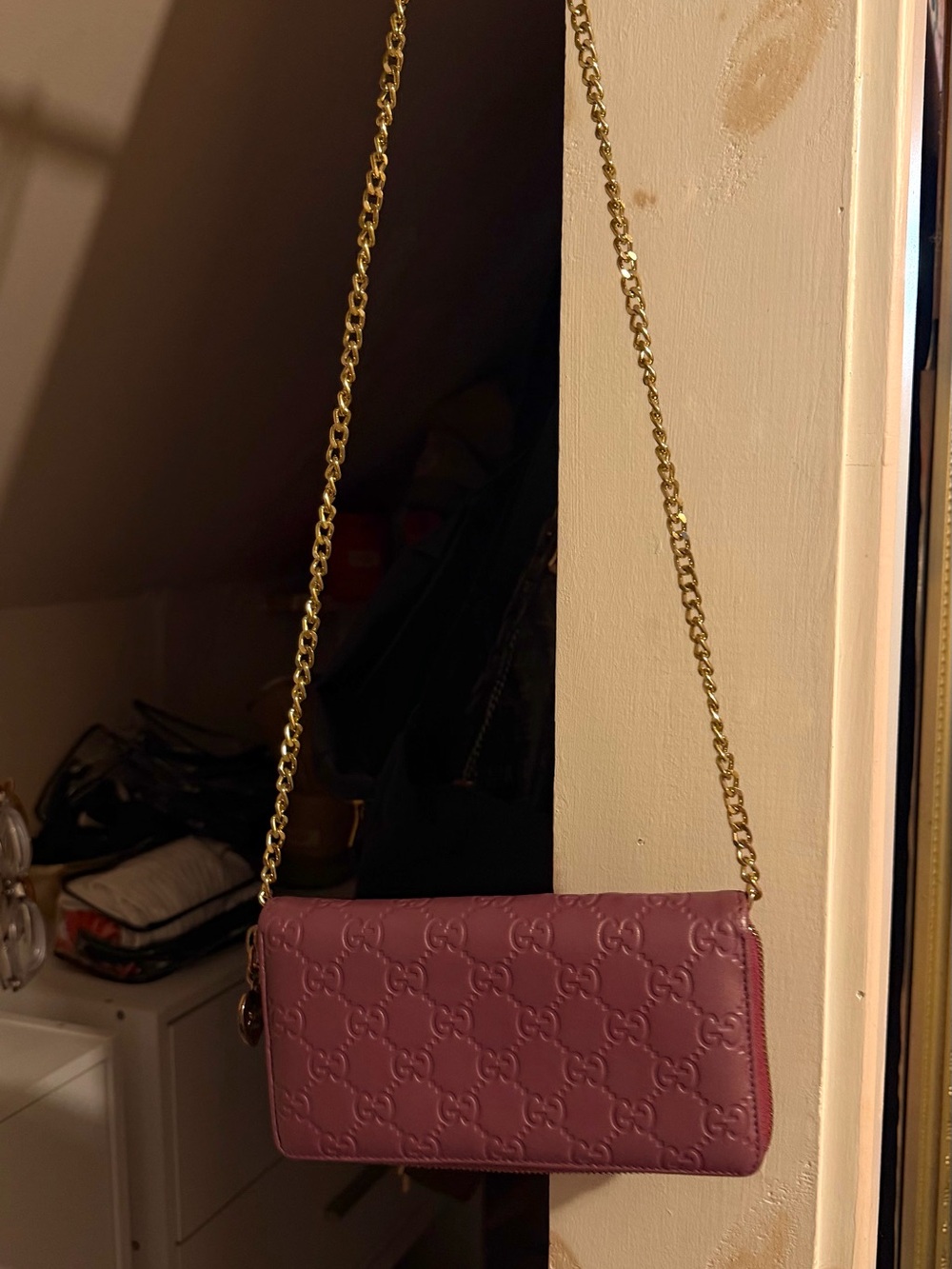Gucci Pink Embossed Leather Crossbody with Gold Chain Strap